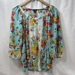 New Directions Colorful Floral Boho Peasant Top Womens Size L Artsy Bright Sheer